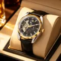 Men automatic mechanical watch luxury business stainless steel leather strap luminous moonphase - Black Strap Two-Tone Black Dial