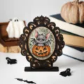 Halloween ξύλινη κορνίζα με σχέδιο σταυροβελονιά για διακόσμηση γραφείου παραλλαγή - Κολοκύθα Νυχτερίδα