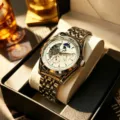 Men's automatic mechanical watch with stainless steel strap, white dial and moon phase. - Silver Steel White Dial