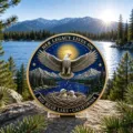 Detail view of the commemorative coin featuring an eagle relief design in outdoor scenery. - Style A