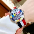 Colorful TV test card dial quartz watch with red white blue canvas strap for men trendy style - Red Strap Silver Case - Block