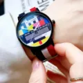 Dopamine color TV test pattern quartz watch with stylish striped canvas strap for men and students. - Red Strap Black Case - Block