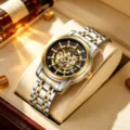 Men's automatic mechanical watch, two-tone gold and silver steel strap, skeleton dial. - Two-Tone Gold Black Dial Gold Movement