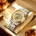 Men's automatic mechanical watch featuring two-tone stainless steel strap and hollow dial. - Two-Tone Gold Gold Dial Gold Movement