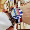 Dopamine color TV test pattern quartz watch with red white blue striped canvas strap. - Red Strap Silver Case - Stripes