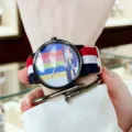 Colorful TV test pattern quartz watch with striped nylon canvas strap for fashion wear. - Red Strap Black Case - Stripes