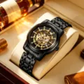 Men's automatic mechanical watch with black steel strap and skeleton dial design. - Black Steel Black Dial Gold Movement