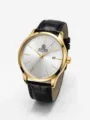 Montre mecanique classique a boitier dore et bracelet en cuir noir pour homme affaires. - Style Cadran Blanc / Cuir Noir Boîtier Or Cadran Blanc