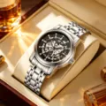 Men's automatic mechanical watch with silver stainless steel strap and skeleton dial. - Silver Steel Black Dial Silver Movement