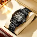 Luxury black automatic mechanical men watch with skeleton dial and sleek metal strap style. - Black Steel Black Dial Silver Movement