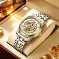 Luxury automatic mechanical watch for men with two-tone stainless steel strap and skeleton dial. - Two-Tone Gold White Dial Gold Movement