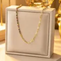 Elegant titanium steel necklace featuring colorful zircon stones and trendy paperclip chain links. - Multi Rhinestone Necklace Gold