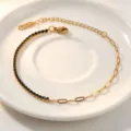 Bracciale in acciaio al titanio dorato mezza zirconia nera catena elegante gioiello. - Bracciale Strass Nero Oro