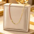 Exquisite gold-plated titanium steel necklace featuring half pink cubic zirconia and half chain design. - Pink Zircon Necklace Gold