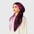 Close-up detail of the satin gradient headscarf worn by a mannequin, smooth texture. - 62*22 / Purple