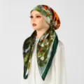 Green floral satin headscarf detail, elegant women wrap cap for versatile styling. - Green