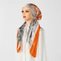 Women satin headscarf elegant floral print hijab comfortable fashion hair wrap accessory for daily wear - Orange