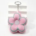 Pink padded flower keychain with green embroidery, cute fabric plush bag charm and key ring. - Pink