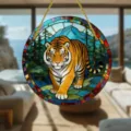 Detailansicht runder Acryl Tiger Hänge Sonnenfänger mit Wald Buntglas Design Motiv. - Tiger-Stil (1) / 15x15x0.3cm