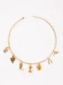Western cowboy style gold necklace with cute charms like cactus boots and playing cards. - Letter I Style