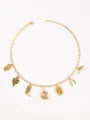 Gold-toned paperclip chain necklace featuring western cowboy themed charms like boots, cactus, and cards. - Letter Q Style