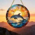 Detailansicht des runden Acryl Delfin Sonnenfängers im Freien bei Sonnenuntergang. - Delphin-Stil (16) / 15x15x0.3cm