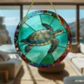 Detailaufnahme des runden bunten Schildkröten Fensterschmucks mit gelbem Aufhänger. - Schildkröten-Stil (17) / 15x15x0.3cm