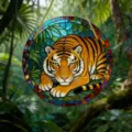 Nahaufnahme eines runden Acryl-Tiger-Sonnenfängers, der im üppigen Dschungel hängt. - Tiger-Stil (35) / 15x15x0.3cm