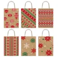 Set di 6 sacchetti regalo di Natale in carta kraft con motivi festivi e manici resistenti. - Serie di modelli di palline e strisce natalizie (SD6012) / 6 Pezzi