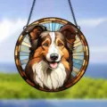 Detailed view of the round acrylic dog hanging ornament with colorful stained glass style. - 15*15*0.3 / 1