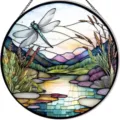 Stained acrylic hanging suncatcher featuring dragonfly and river landscape for home and garden. - 15x15x0.3cm / 1
