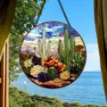 Stained glass window hanging suncatcher with desert cactus design for home decor. - Cactus