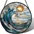 Close-up of circular stained acrylic ocean wave sun hanging decor with black chain. - 15x15x0.3cm / 4
