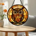 Stained glass owl window hanging suncatcher, beautiful colorful glass panel decoration for home decor. - Owl