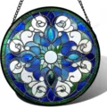 Stained glass style blue and green circular hanging suncatcher detail view decoration. - 5