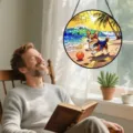 Stained glass window hanging featuring a cute Corgi on the beach, vibrant mosaic suncatcher panel. - Corgi