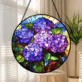 Round stained glass hanging suncatcher panel with purple hydrangea floral window decor. - Hydrangea