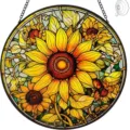Stained glass style sunflower acrylic window hanging suncatcher with chain and suction hook. - 7