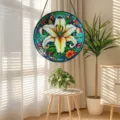 Detailed view of a round stained glass lily hanging suncatcher, vibrant window decor panel. - White Lily