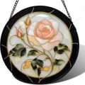 Close-up detail of a round acrylic stained glass rose hanging window suncatcher decor. - 8