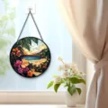 Stained glass window hanging suncatcher tropical beach sunset art panel home decor for window wall - Tropical Beach