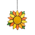 Detailed close-up of a colorful stained glass sunflower suncatcher hanging ornament with chain. - 15