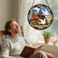 Stained glass window hanging panel with cathedral and dove pattern suncatcher home decor - Cathedral and Dove
