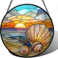 Detailed view of circular stained glass style sunset beach hanging suncatcher ornament. - 11