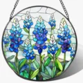 Stained glass style blue flower suncatcher window hanging acrylic decor with chain. - 12