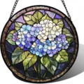 Close-up detail view of round stained glass acrylic hydrangea flower suncatcher pendant. - 13