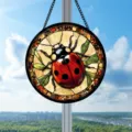 Stained glass ladybug suncatcher hanging panel window decoration with metal chain for home. - Ladybug