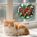 Stained glass window hanging decoration, beautiful strawberry suncatcher panel for home. - Strawberry and Leaves
