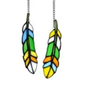 Detailed view of colorful stained glass feather window hanging suncatcher with black chain. - 21