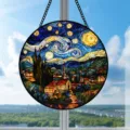 Stained glass hanging panel detail, starry night art design, transparent window decor. - Van Gogh Starry Night